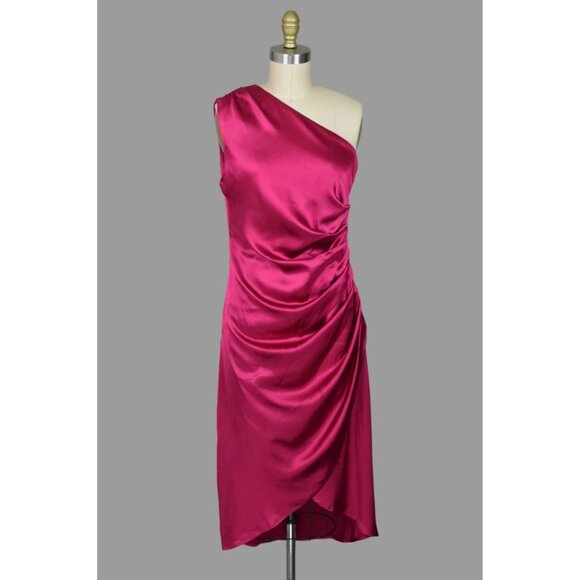 RACHEL ZOE DARK PINK SATIN RUCHED ONE SHOULDER MIDI DRESS - Picture 1 of 7